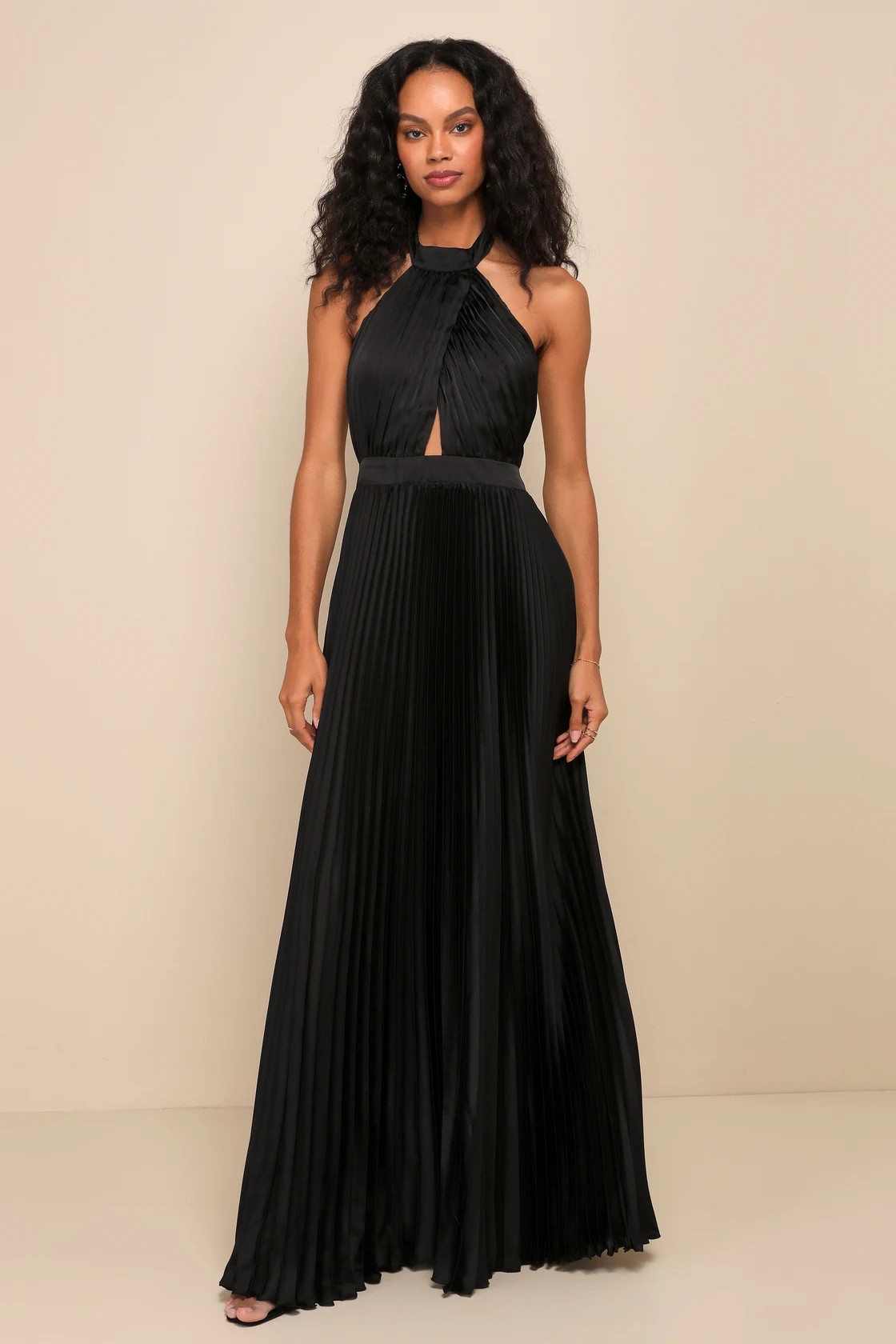 Midnight Moves Black Pleated Satin Cutout Halter Maxi Dress | Lulus