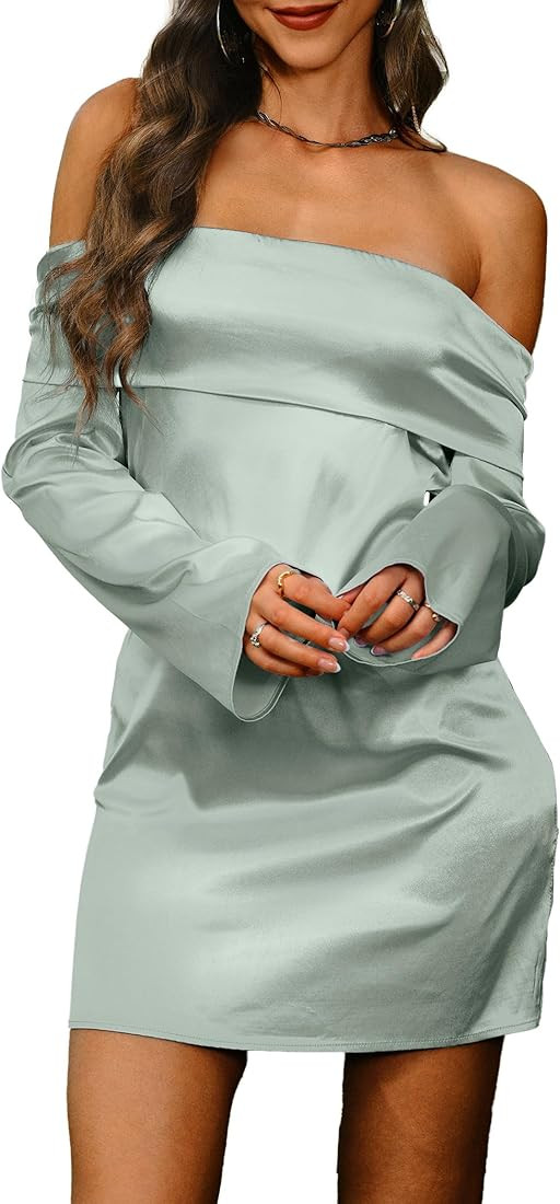 HYPERFIRE Women's Elegant Satin Off The Shoulder Long Sleeve Mini Dress Tie Back Wedding Cocktail... | Amazon (US)