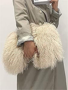 ME-01 Big Fluffy Handbag With Real Mongolian Lamb Fur Luxury Shoulder Bag Furry Clutch For Women | Amazon (US)