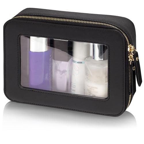 Medium Clear Cosmetic Bag Square Make up Bag Clear Makeup Travel Bag Clear Travel Makeup Bag Cosmetic Case Clear Makeup Organizer Bag Clear Make Up Bags for Women Clear Bag Makeup Pouch (Black) | Amazon (US)
