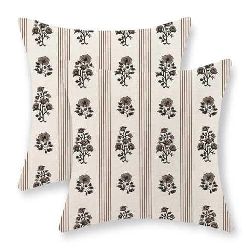 GOLIANDA Floral Pillow Covers 16x16 Inch Set of 2 Block Print Brown Throw Pillows Vintage Flower Boho Outdoor Decorative Pillow Cases Striped Farmhouse Linen Cushion Case for Couch Sofa Home Decor | Amazon (US)