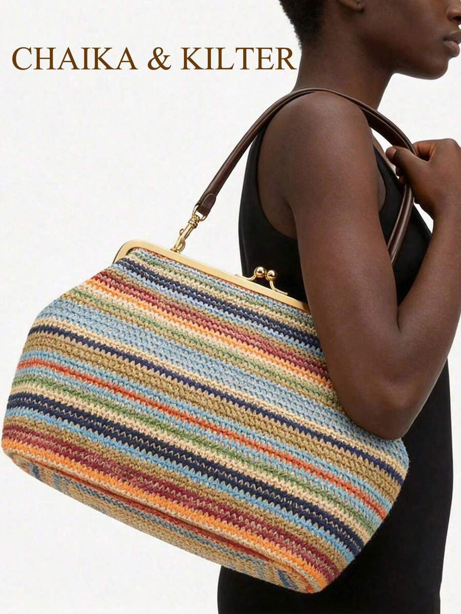 Fashionable Large Striped Clasp Shell Women's Shoulder Bag, Designer PP Straw Woven Handbag, Luxu... | SHEIN