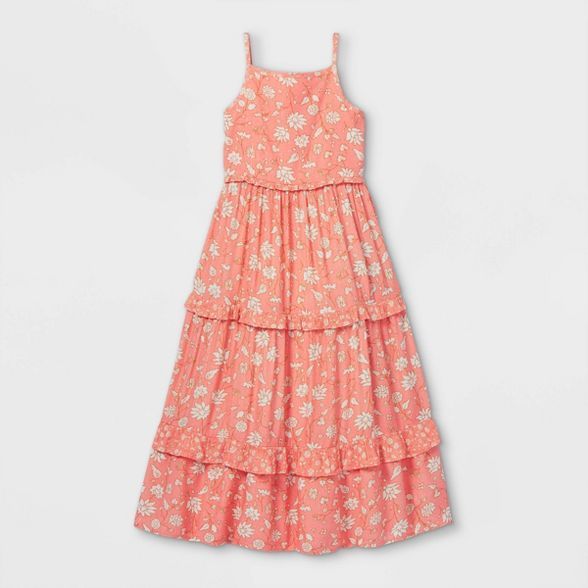 Girls' Tiered Woven Maxi Sleeveless Dress - Cat & Jack™ Coral | Target