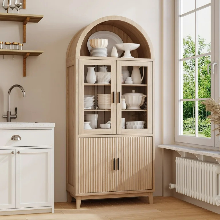 VEANERWOOD 71" Tall Arch Cabinet, Wood Fluted Kitchen Kitchen Storage Cabinet with 4 Doors and 6 ... | Walmart (US)