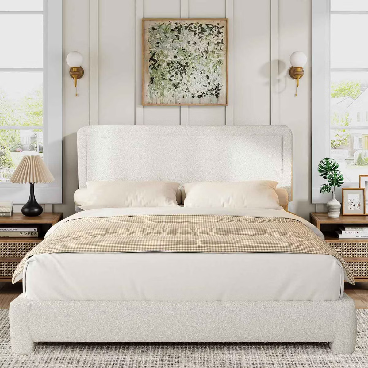 Boucle Bed Frame,White Upholstered Teddy Fabric Bed Frame with Headboard, Adjustable Headboard, E... | Target