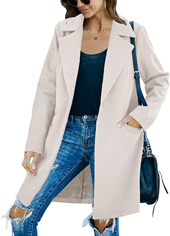 Fazortev Womens Casual Long Sleeve Wool Blend Pea Coat Lapel Notched Collar Warm Midi Jacket Over... | Amazon (US)