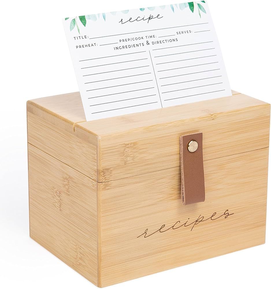 Recipe Box with Cards and Dividers | Recipe Card Box Faux Leather Handle | 50 Eucalyptus Patterne... | Amazon (US)