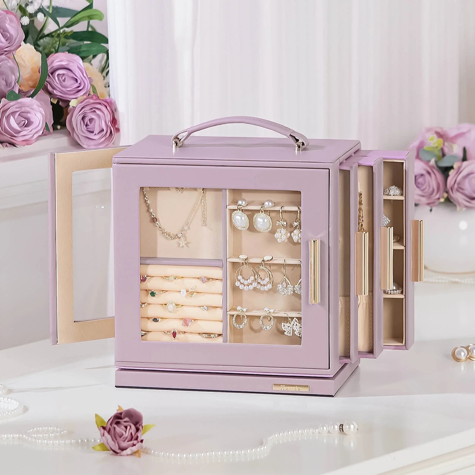 VigorPro 360° Rotating Jewelry Box, Jewelry Organizer for with Transparent Window & Mirror(Grey ... | Walmart (US)