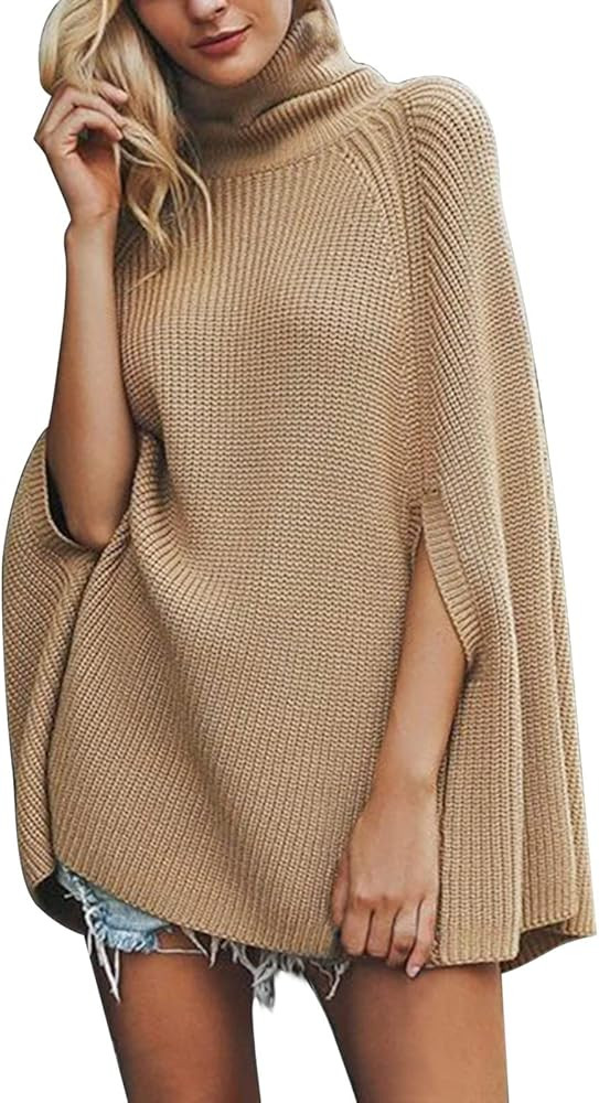 Women's Fashion Cape Poncho Solid Color Turtleneck Knitted Shawl Comfortable Retro Fall Winter Pu... | Amazon (US)
