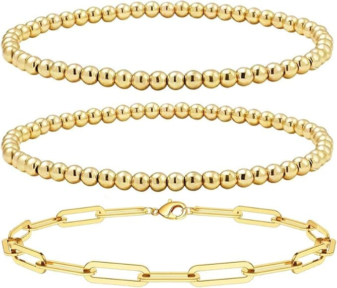 Reoxvo Gold Bead Layered Bracelets for Women,14K Gold Plated Beaded Ball Chain Bracelets for Wome... | Amazon (US)