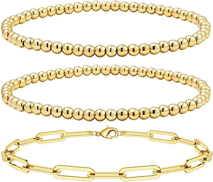 Reoxvo Gold Bead Layered Bracelets for Women,14K Gold Plated Beaded Ball Chain Bracelets for Wome... | Amazon (US)