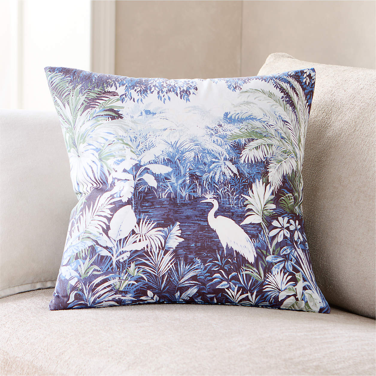 Tropical Egret Organic Cotton 20"x20" Deep Indigo Throw Pillow Cover | Crate & Barrel | Crate & Barrel