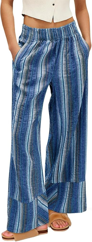 Cicy Bell Womens Wide Leg Lounge Pants Elastic High Waisted Striped Palazzo Pants Flowy Casual Be... | Amazon (US)