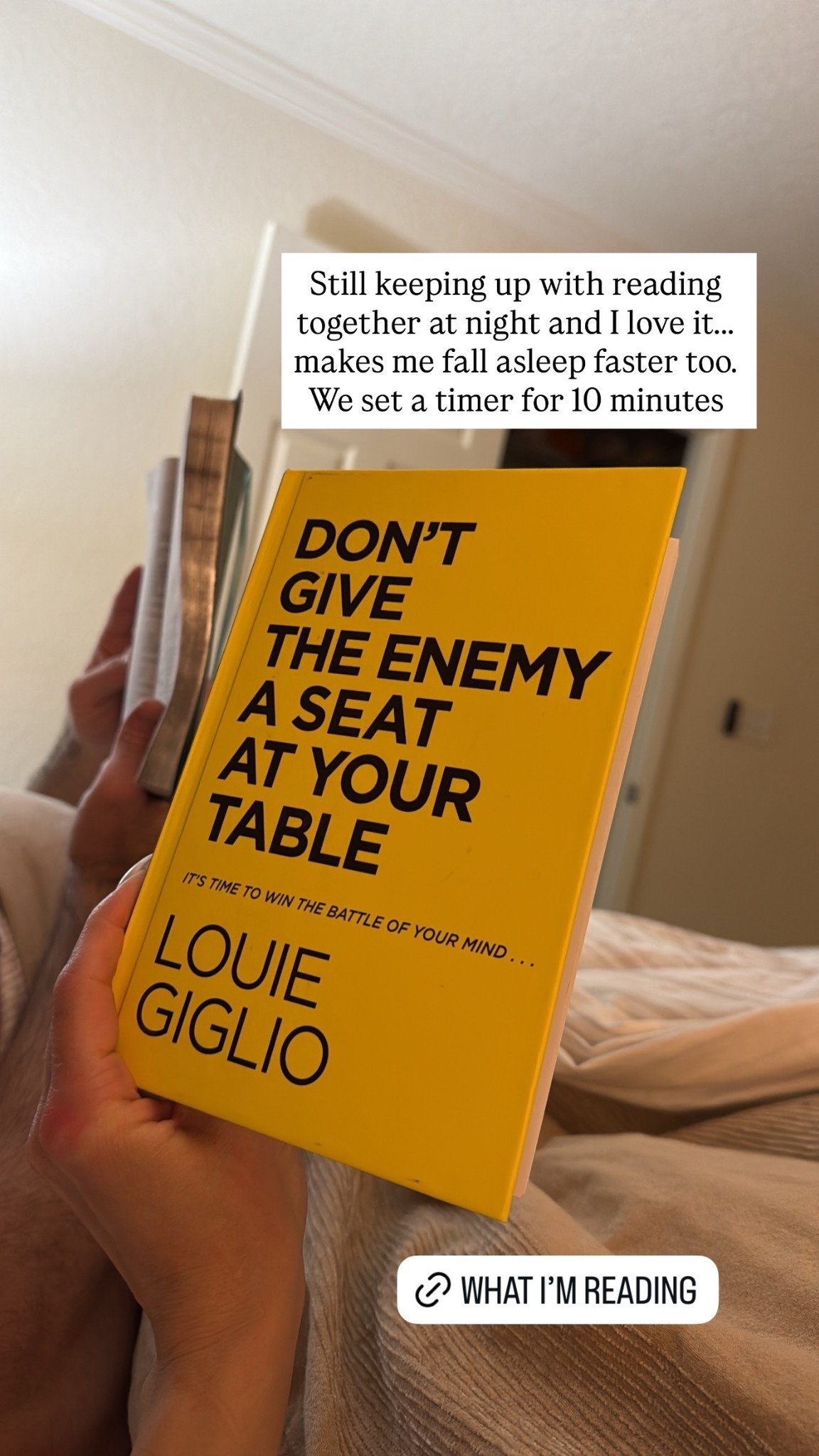 Me & the hubby set a timer for 10 minutes every night and read together. I'm loving this time together! 

Makes me fall asleep faster too.  

 

#LTKdayinmylife #LTKselfcare #LTKstorytime