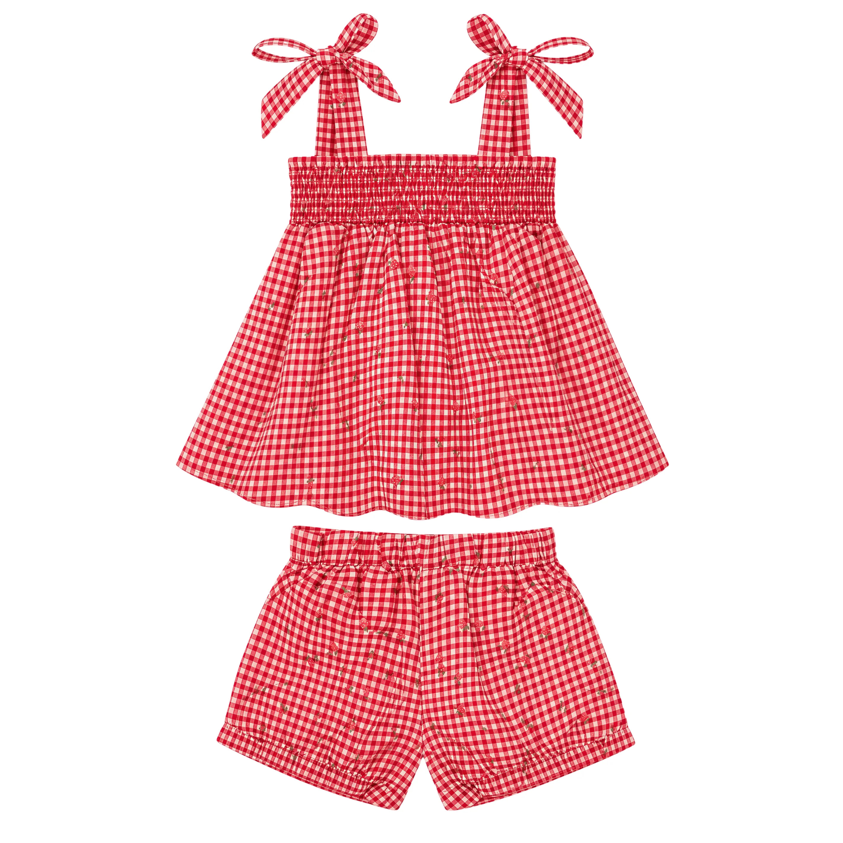girls cranberry gingham smocked tank and short set | Minnow