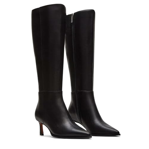 CORNMOOD Black Knee High Boots Women Kitten Low Heel Tall Leather Boots Stiletto Pointed Toe Gogo Boots Side Zipper Fall Dress Boots | Amazon (US)