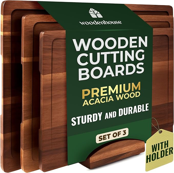 Acacia Wood Cutting Board Set of 3 with Holder, Juice Grooves & Built-in Handles - Durable, Woode... | Amazon (US)