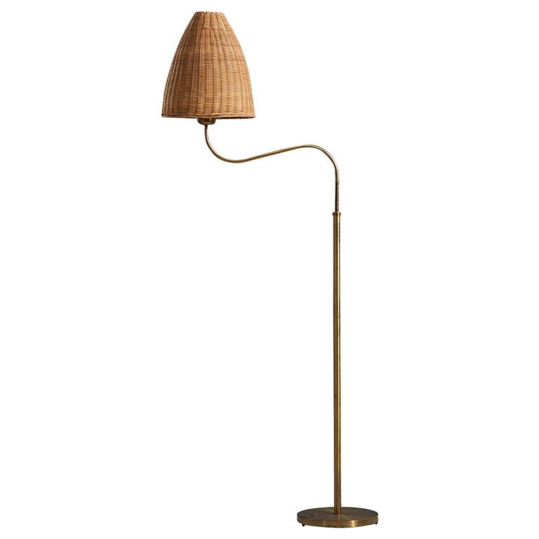 Böhlmarks, Adjustable Floor Lamp, Brass, Rattan, Sweden, 1940s | 1stDibs
