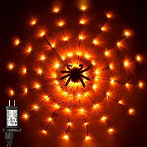 Halloween Spider Web Lights with Black Spider, 3.9FT Diameter 80 LED Orange Halloween Lights with 8  | Amazon (US)