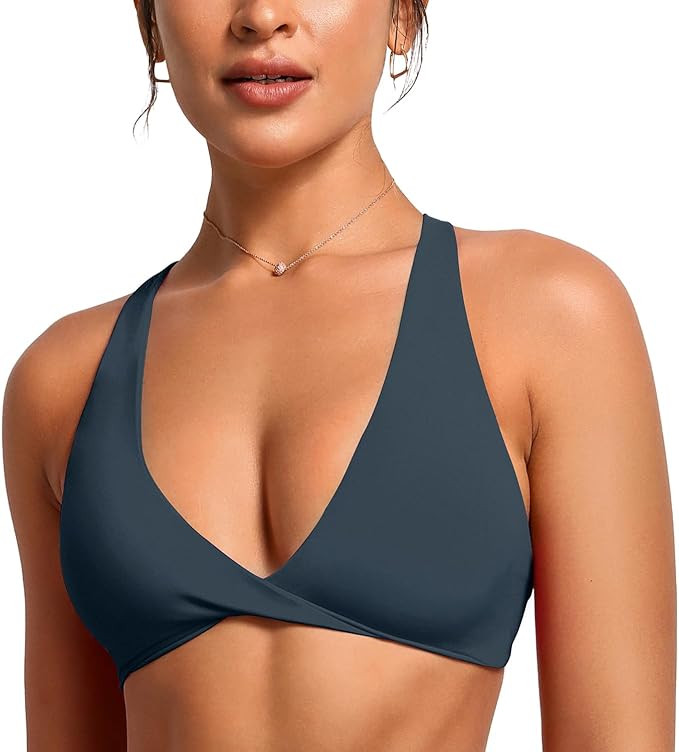 Womens Butterluxe Twist Front Sports Bra Deep V-Neck Crop Top Strappy Cross Back Bra with Nipple ... | Amazon (US)