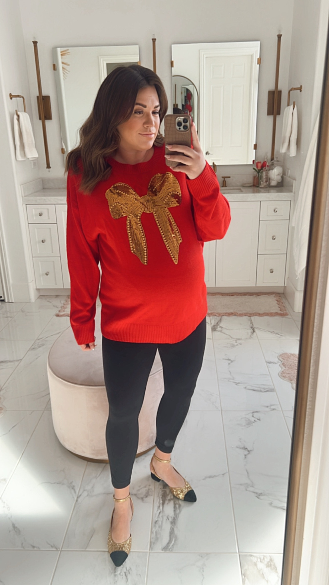 curvy Holiday look! wearing size 2x in red and gold sequin bow sweater and size 14 in leggings. neither are maternity! i’ve just sized up for my bump. linking similar shoes! mine are Chanel 

#LTKmidsize #LTKbump #LTKHoliday