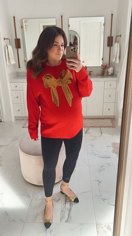 curvy Holiday look! wearing size 2x in red and gold sequin bow sweater and size 14 in leggings. neither are maternity! i’ve just sized up for my bump. linking similar shoes! mine are Chanel 

#LTKmidsize #LTKbump #LTKHoliday