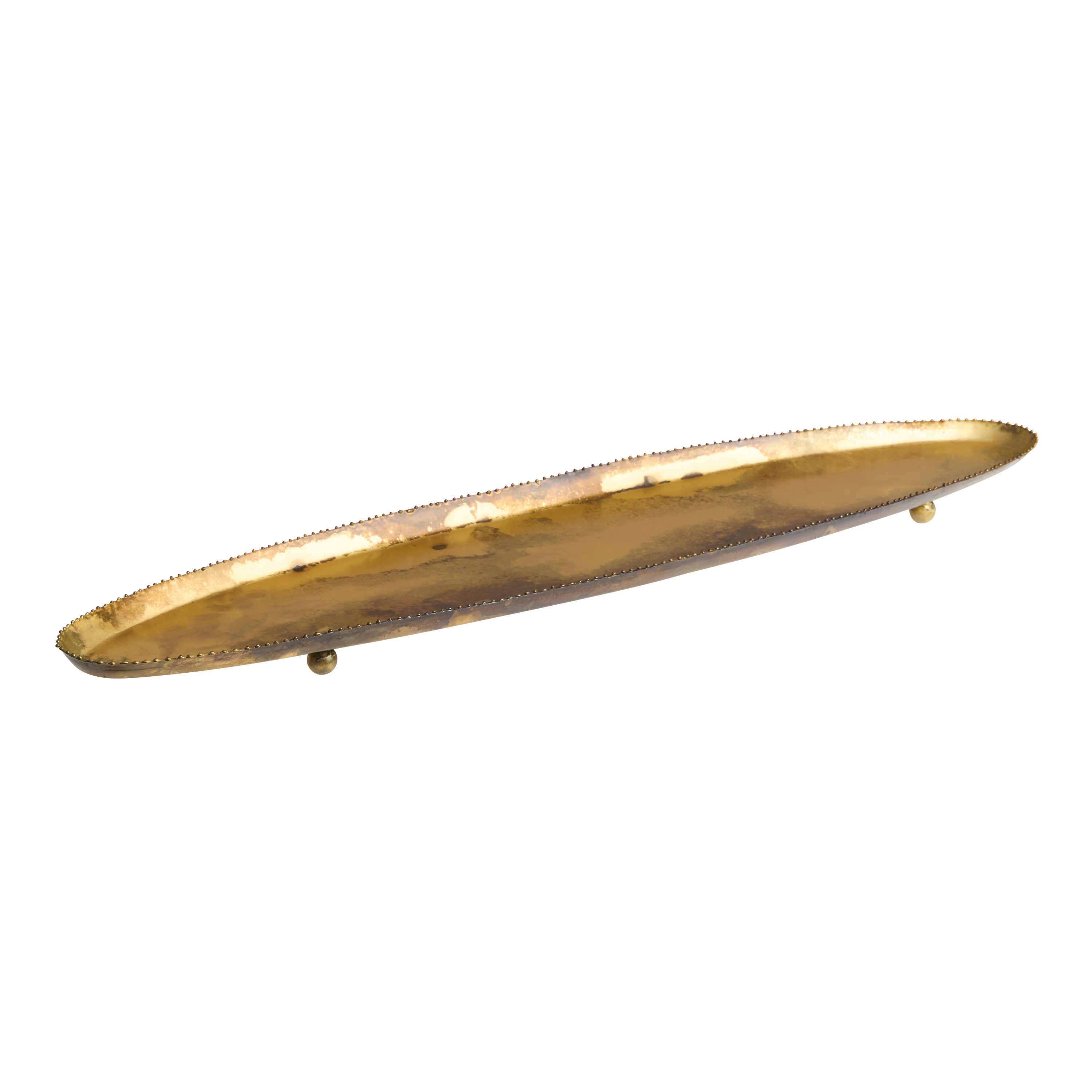 Long Oval Antique Gold Patina Iron Beaded Rim Tray | World Market