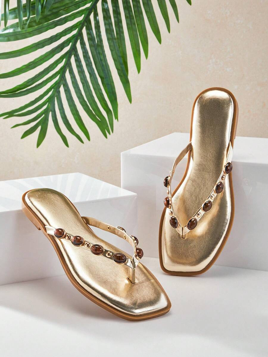 SHUZIA #Luxury-Inspired Women's Tiger Eye Gemstone-Decor Square Toe Metallic Pu Gold Flip-Flop Sa... | SHEIN