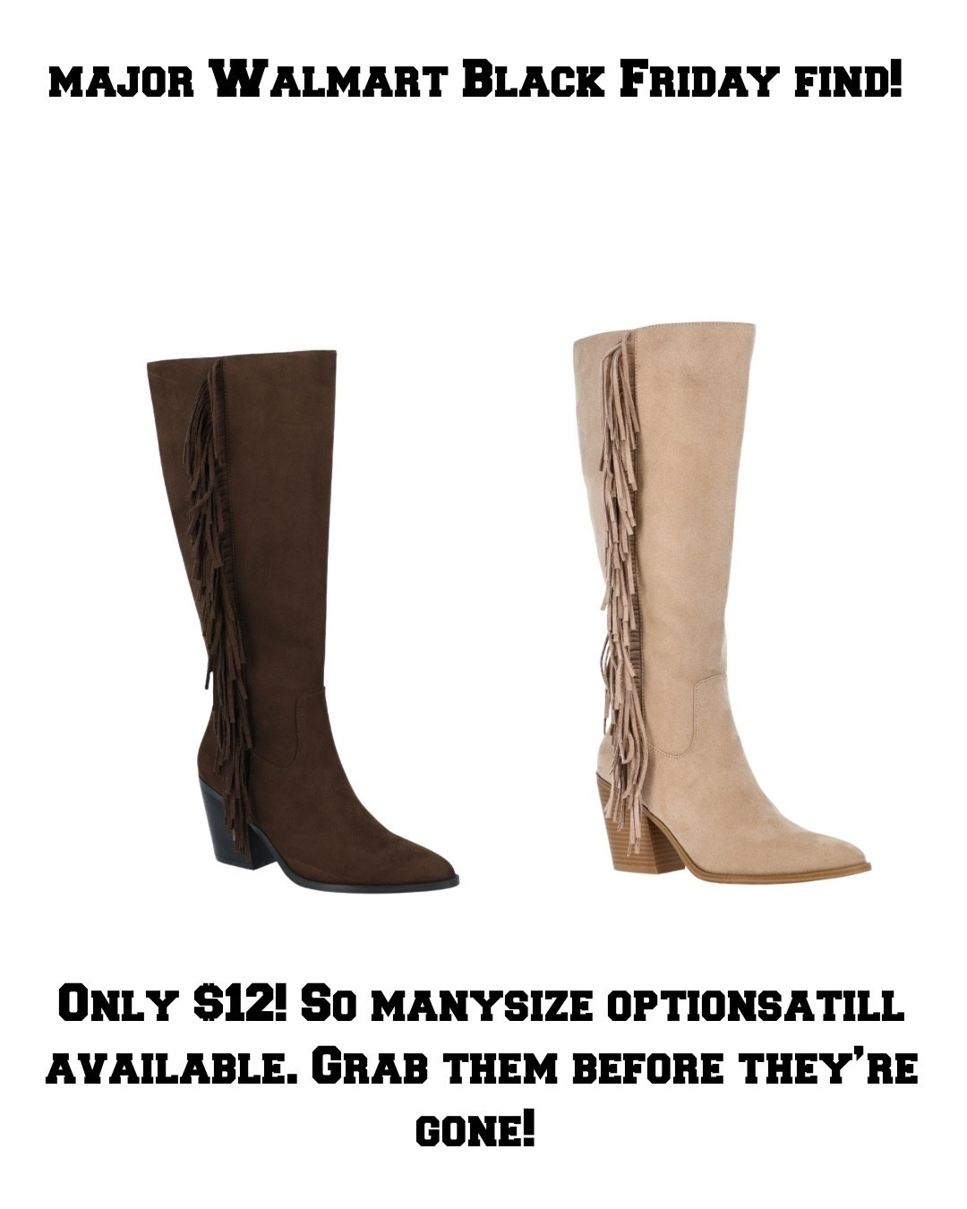 I cannot believe the prices of these boots. They’re usually $49.98 and are on Black Friday sale from Walmart for only $12! That is such an incredible price. Grab them today, sale ends soon!

Black Friday, Walmart,
Walmart Black Friday 

#LTKCyberWeek #LTKSaleAlert #LTKGiftGuide