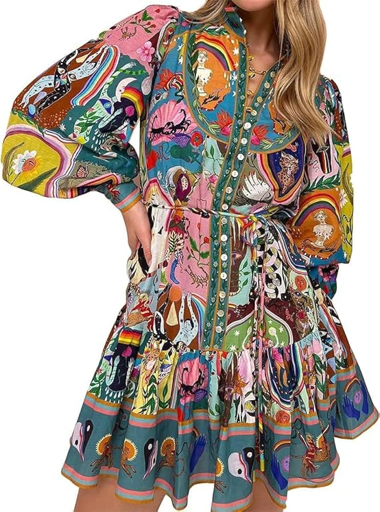 Melliflo Women's Long Puff Sleeve Turtleneck Printed Mini Dress Button Waist Tie Pleated Ruffles ... | Amazon (US)