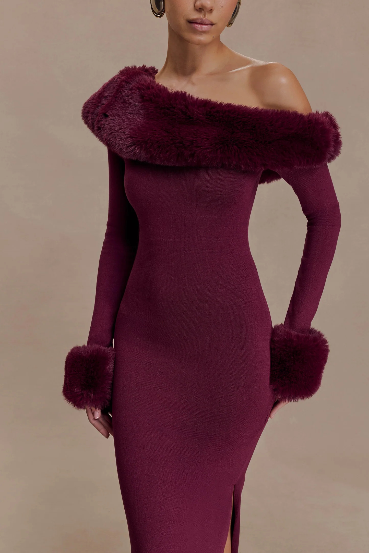 Karleigh Faux Fur Knit Maxi Dress - Plum | MESHKI US