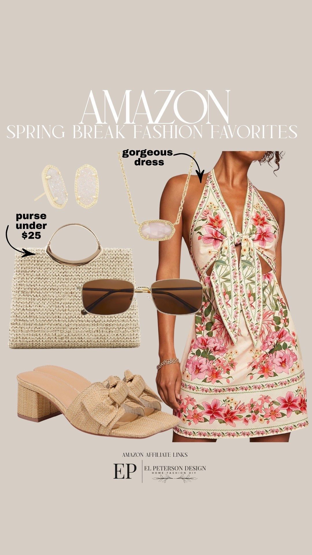 Amazon
Dress
Purse
Sunglasses 
Earrings
Necklace
Heels
