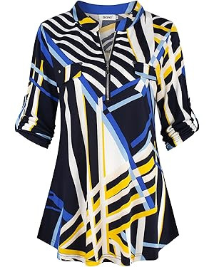 BEPEI Womens Floral 3/4 Sleeve Shirts Zip up V Neck Work Chiffon Blouses Top | Amazon (US)