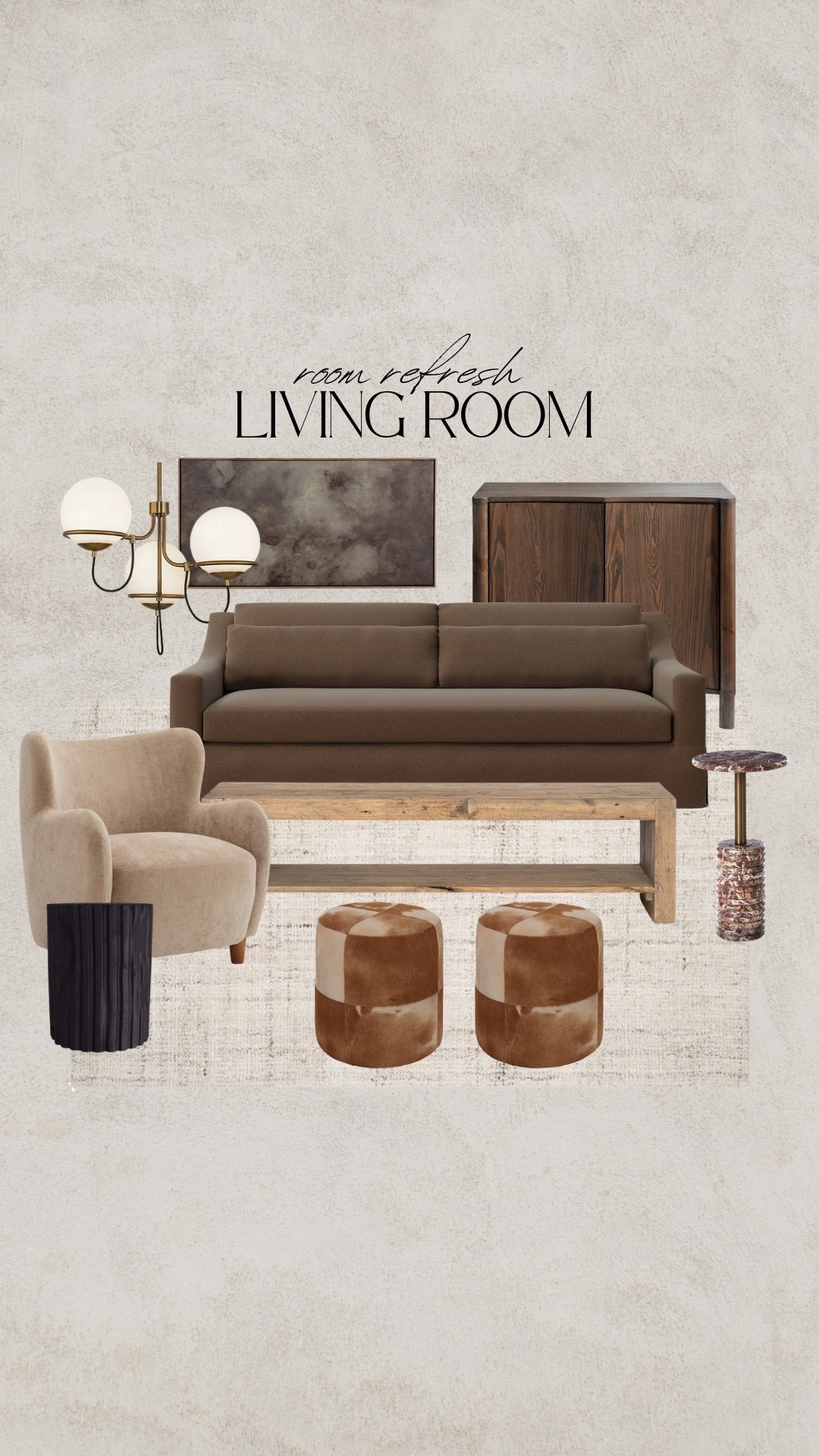 Living room refresh, white area rug, beige rug, Abstract rug, modern rug, cow hide ottoman, brown ottoman, white oak coffee table, red marble side table, marble drink table, brown sofa, brown couch, slipcover sofa, walnut cabinet, bar cabinet, beige accent chair, taupe accent chair, wooden accent table, abstract art, neutral art, gold chandelier, rustic living room, modern organic living room, transitional living roomm

#LTKSeasonal #LTKSaleAlert #LTKHome

#LTKSaleAlert #LTKHome #LTKSeasonal