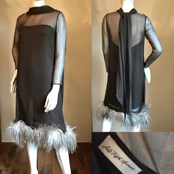 1960’s Saks Fifth Avenue Brown Silk Chiffon & Ostrich Feathers Cocktail Party Dress - S | Etsy (US)