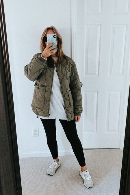 Quilted puffer jacket leggings sneakers casual style 