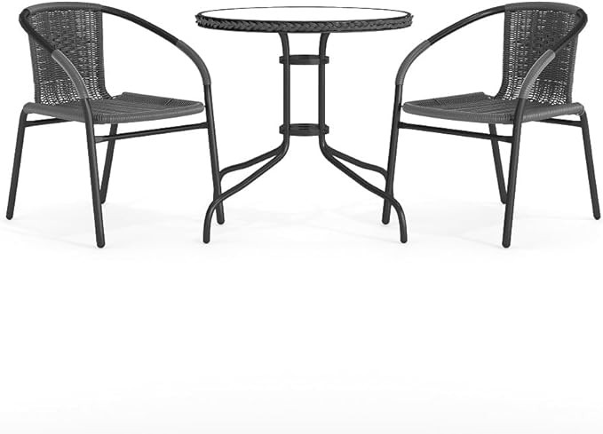 Flash Furniture 3-Piece Patio Dining Set with Round Glass Metal Table and 2 Stackable Rattan Chai... | Amazon (US)