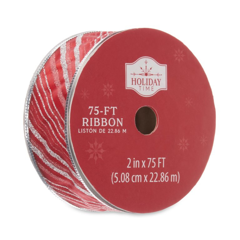 Holiday Time Red with Silver Glitter Stripes Ribbon, 75' - Walmart.com | Walmart (US)