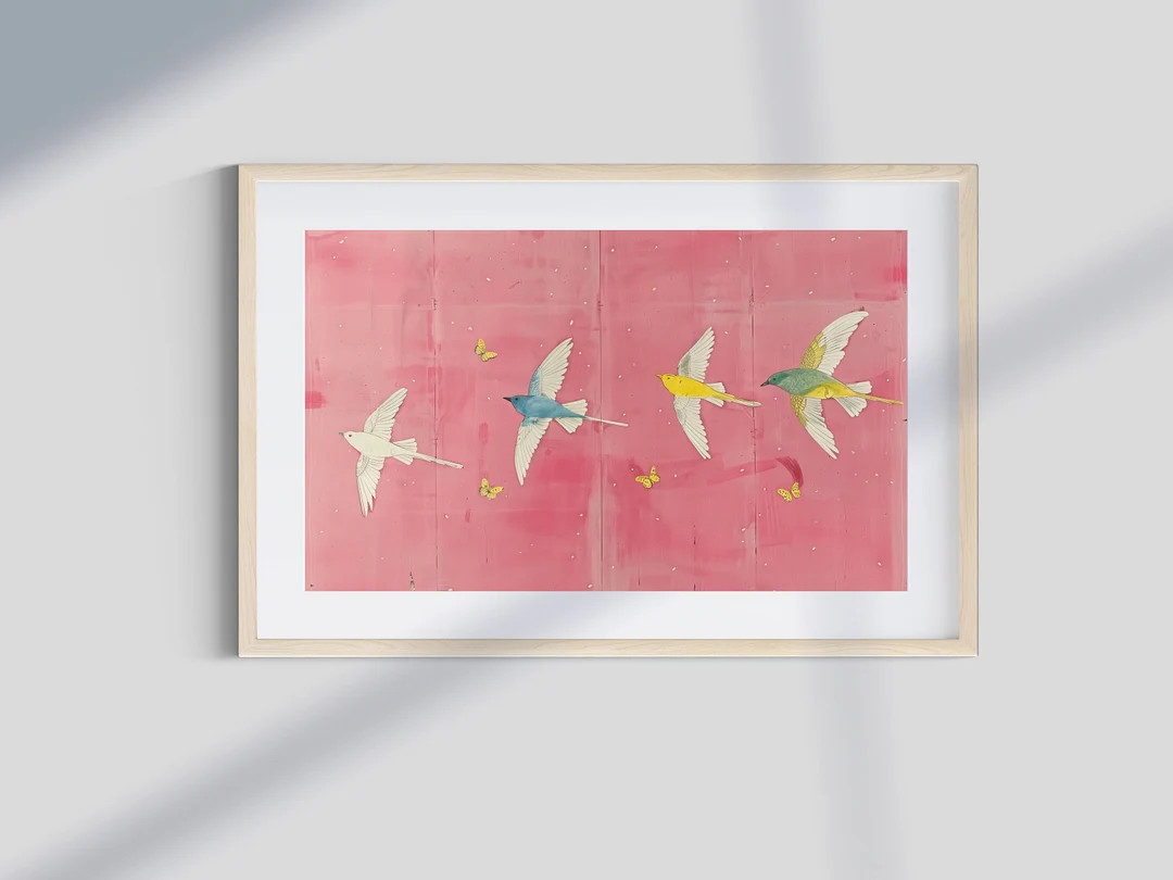 Pink Birds & Butterflies Art Print | Abstract Painting | Girl Apartment Decor | Pink Wall Art | D... | Etsy (US)