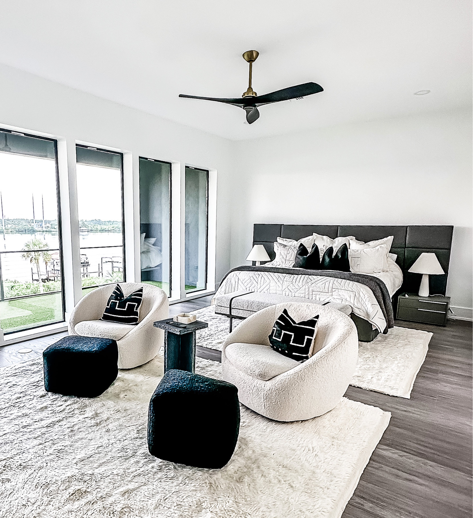 Primary bedroom design 
CB2 lamps | Lulu & Georgia Rug 

#LTKhome