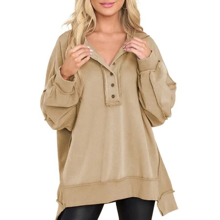 SHEWIN Henley Sweatshirts For Women Oversized Button Down Sweatshirts Autumn Winter Cute Solid Color Patchwork Pullover Tunic Top Khaki | Walmart (US)