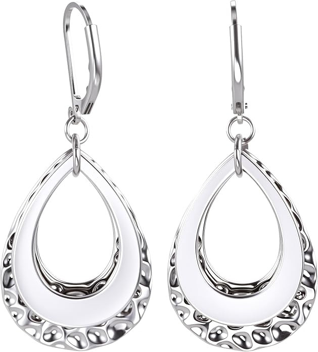 Silver Teardrop Dangle Earrings, Boho Teardrop Leverback Dangles Earings, Hammered Layer Drop Dan... | Amazon (US)