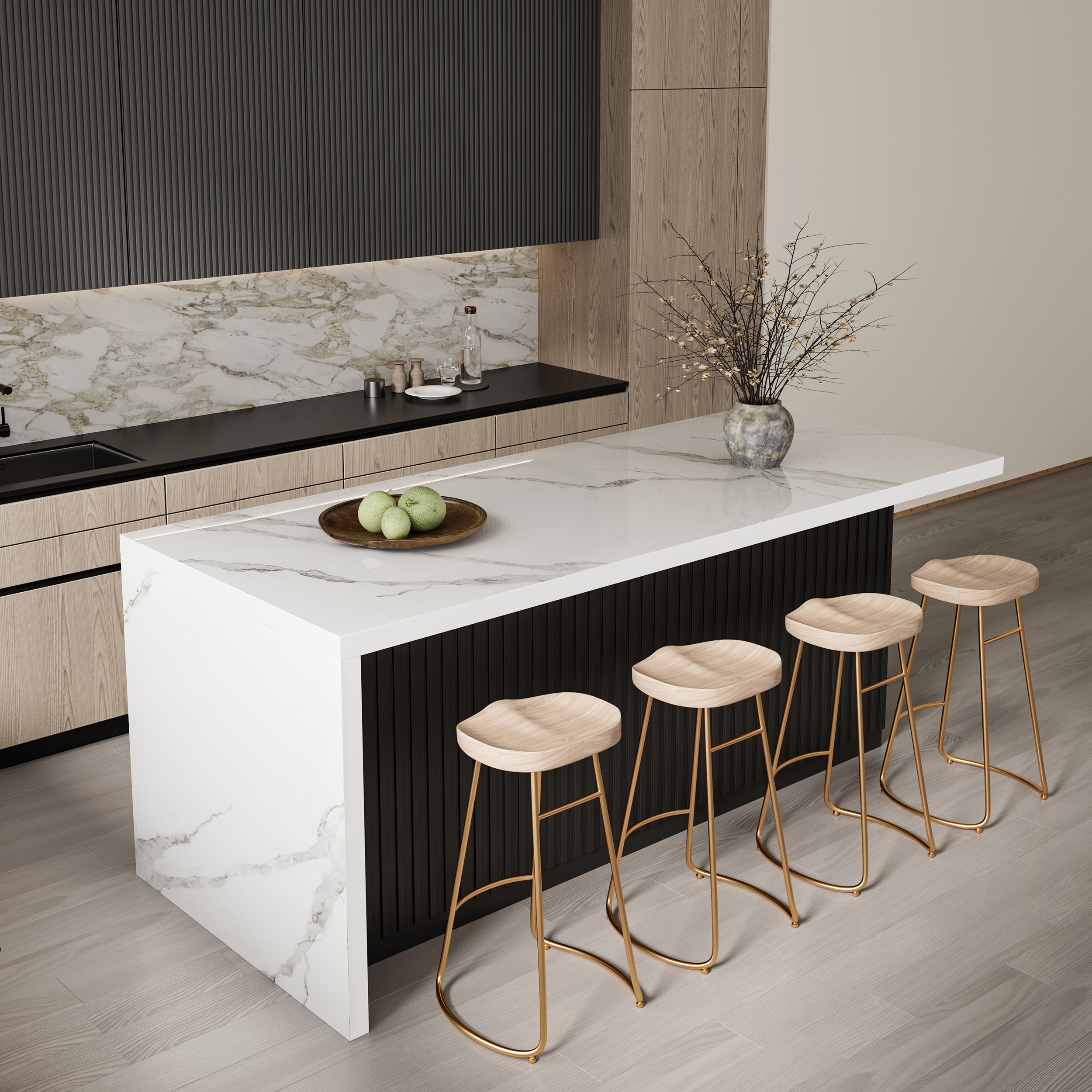 72"" Large Kitchen Island Faux Marble Top with Storage White & Black Modern Kitchen Cabinet | Homary