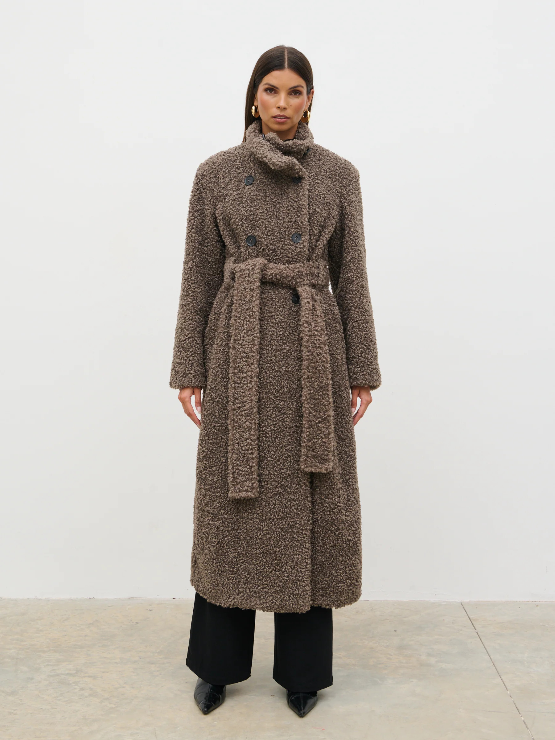 Atlas Boucle Funnel Neck Longline Coat | Pretty Lavish (UK)
