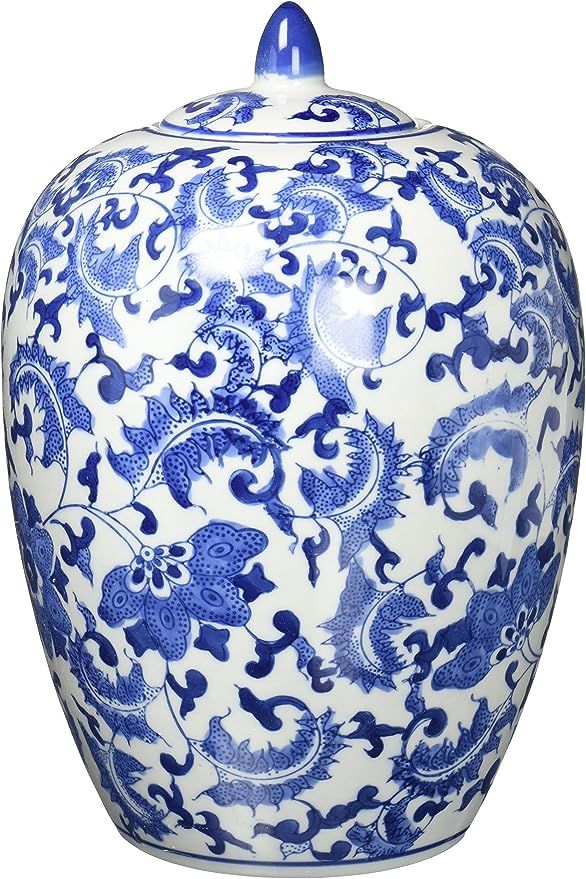 Oriental Furniture 11" Floral Blue & White Porcelain Vase Jar | Amazon (US)