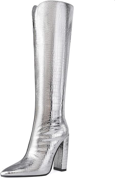LIWA LIRO Women Knee High Boots Slim Calf 4.33" Block Heel Pointed Toe Tall Boots Pull On | Amazon (US)