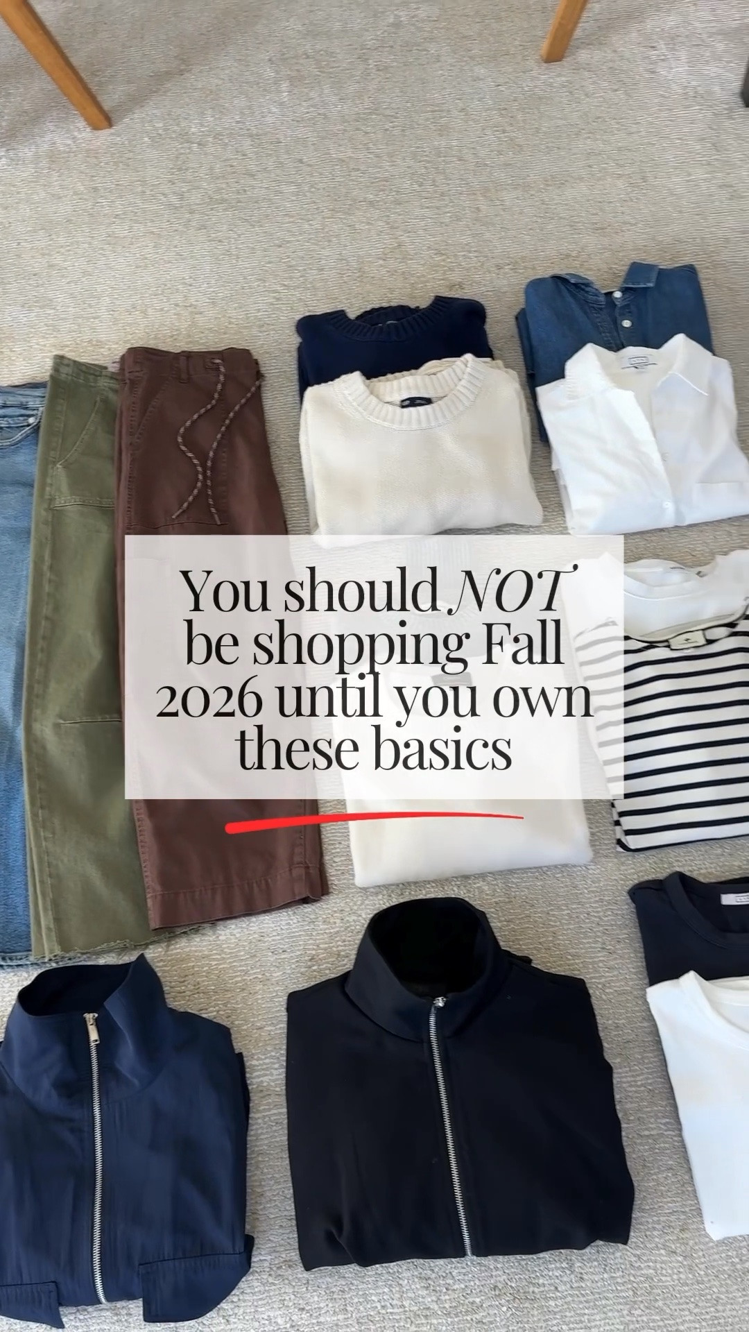 You should NOT be shopping Fall 2026 until you own these basics

Oak + Fort Trench xxs
Alex Mill jacket xs
Zara navy windbreaker xs - new one is slightly different
Zara funnel neck jacket small

Pants/Jeans
Citizens of Humanity Miro jeans petite 25
Le Jean Utility pants 25
Pistola Cargos 26 - this color runs small

Gap cotton sweater navy petite small
Gap cotton sweater cream petite small
Everlane cashmere boxy sweater xs
Quince cashmere boxy sweater xs

AYR denim shirt xs
AYR white button up xs

Aritzia long sleeve small
Tuckernuck stripe long sleeve xs

AYR Practice tee black medium
AYR Practice tee white medium

Sezane Gabin tote
Quince brown shoulder bag
Quince cognac shoulder bag
Liffner suede shoulder bag - old, linked Madewell which is the same shape
Madewell brown suede bag

Adidas sneakers 5
Reformation flats 5
Sam Edelman loafers 5
Larroude sneakers 6 - run small

Polo Ralph Lauren hat brown 
Polo Ralph Lauren camel

#LTKmomlife #LTKOver40 #LTKPetite