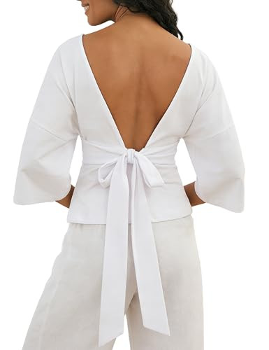 Backless Tops for Women Summer Casual Office 3/4 Sleeve Tie Back Blouse Soft Elegant Date Night S... | Amazon (US)