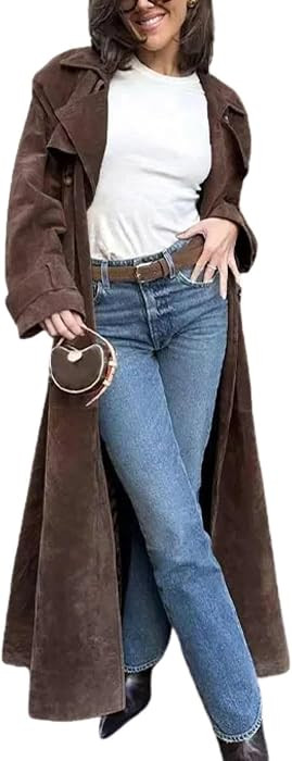 Womens Faux Suede Long Trench Coat Notched Lapel Double Breasted Pea Coat Overcoat with Belt | Amazon (US)