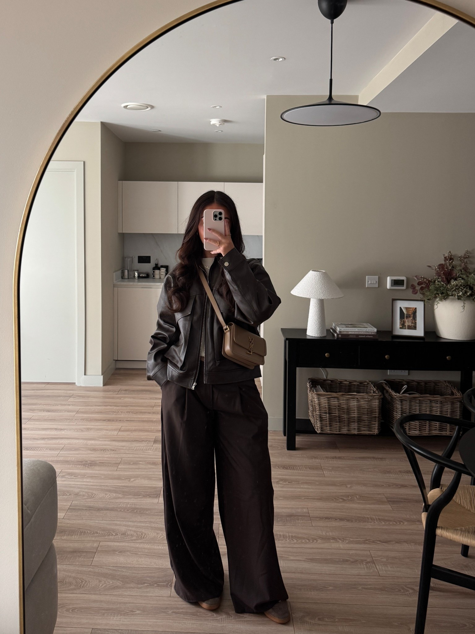 Brown jacket, brown leather jacket, leather bomber, brown trousers, tailored trousers, wide leg trousers, casual autumn outfits, shopping outfit, brown outfit, autumn

#LTKwinter #LTKautumn #LTKuk